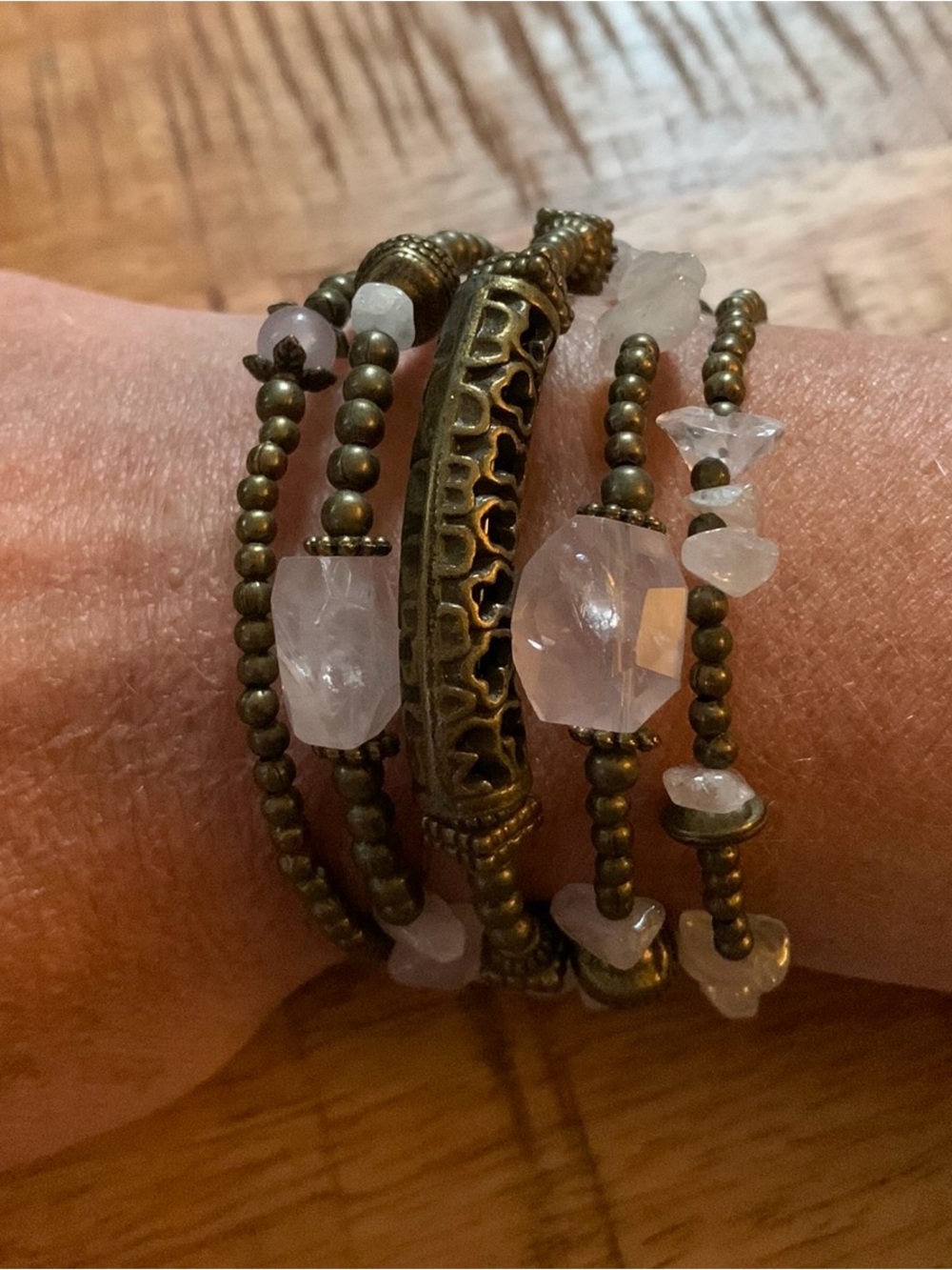 Bohemian Rose Quartz and Bronze Memory Wire Wrap Bracelet